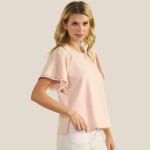 Wholesale short Sleeve Scuba Top Flutter Sleeves Pack Round Neckline Draped Silh