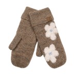 Wholesale heathered knit mittens raised daisy appliques across back hand ribbed