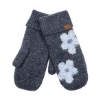 Wholesale heathered knit mittens raised daisy appliques across back hand ribbed