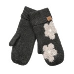 Wholesale heathered knit mittens raised daisy appliques across back hand ribbed