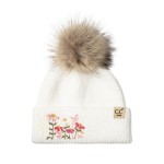 Wholesale kids knit pom beanie delicate embroidered flowers fold cuff fluffy fau