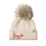 Wholesale kids knit pom beanie delicate embroidered flowers fold cuff fluffy fau