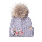 Wholesale kids knit pom beanie delicate embroidered flowers fold cuff fluffy fau