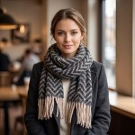 Wholesale woven chevron scarf brushed heavyweight knit hand knotted fringe both