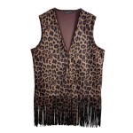 Wholesale do Everything Love Leopard Print Fringe Vest One Fits Most Polyester