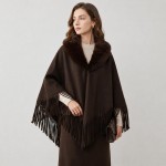 Wholesale faux Fur Collar Fringe Poncho soft brushed fabric plush fur trimmed ne