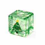 Christmas glitter cube squishy with a shimmering jelly body and a printed holiday character set inside the block. Light passes right through it, so it sparkles on a windowsill or under a tree. The soft cube squeezes flat and slowly rebounds, making it a fidget and a decoration at once. A festive impulse buy for holiday displays and gift bags.