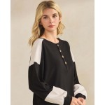 Wholesale color block waffle knit henley top buttoned placket relaxed drop shoul