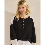 Wholesale color block waffle knit henley top buttoned placket relaxed drop shoul