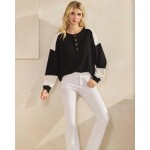 Wholesale color block waffle knit henley top buttoned placket relaxed drop shoul