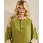 Wholesale color block waffle knit henley top buttoned placket relaxed drop shoul