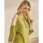 Wholesale color block waffle knit henley top buttoned placket relaxed drop shoul