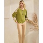Wholesale color block waffle knit henley top buttoned placket relaxed drop shoul