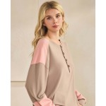 Wholesale color block waffle knit henley top buttoned placket relaxed drop shoul