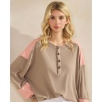 Wholesale color block waffle knit henley top buttoned placket relaxed drop shoul