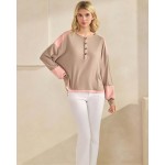 Wholesale color block waffle knit henley top buttoned placket relaxed drop shoul