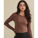 Wholesale ribbed Long Sleeve Cropped Fitted Top Pack Round Neckline Soft Breatha