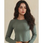 Wholesale ribbed Long Sleeve Cropped Fitted Top Pack Round Neckline Soft Breatha