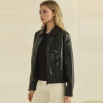 Wholesale faux Leather Bomber Jacket classic point collar full zip front flap ch