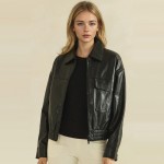 Wholesale faux Leather Bomber Jacket classic point collar full zip front flap ch