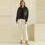 Wholesale faux Leather Bomber Jacket classic point collar full zip front flap ch