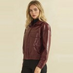 Wholesale faux Leather Bomber Jacket classic point collar full zip front flap ch