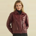 Wholesale faux Leather Bomber Jacket classic point collar full zip front flap ch