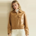 Wholesale faux Leather Bomber Jacket classic point collar full zip front flap ch