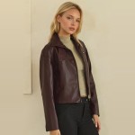 Wholesale cropped Faux Leather Jacket full zip front point collar zippered chest