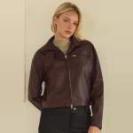 Wholesale cropped Faux Leather Jacket full zip front point collar zippered chest