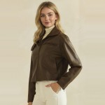 Wholesale cropped Faux Leather Jacket full zip front point collar zippered chest