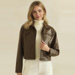 Wholesale cropped Faux Leather Jacket full zip front point collar zippered chest