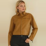 Wholesale cropped Faux Leather Jacket full zip front point collar zippered chest
