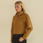Wholesale cropped Faux Leather Jacket full zip front point collar zippered chest