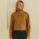 Wholesale cropped Faux Leather Jacket full zip front point collar zippered chest