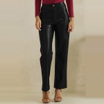 Wholesale waisted Faux Leather Straight Leg Pants sewn front seam detail create
