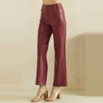 Wholesale waisted Faux Leather Straight Leg Pants sewn front seam detail create