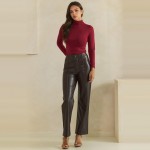 Wholesale waisted Faux Leather Straight Leg Pants sewn front seam detail create