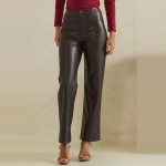 Wholesale waisted Faux Leather Straight Leg Pants sewn front seam detail create