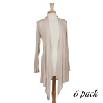 Lightweight open front long sleeve sand cardigan. 97% rayon and 3% spandex. Sold in packs of six - two smalls, two mediums, two larges. 