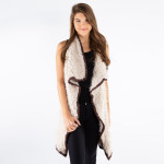 Wholesale ivory dark brown faux fur vest faux front pockets tapered front polyes
