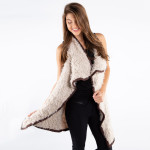 Wholesale ivory dark brown faux fur vest faux front pockets tapered front polyes