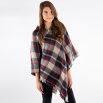 Wholesale plaid Print Poncho Frayed Edges One fits most L Acrylic