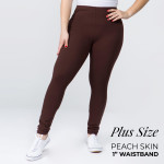 Women's Plus Size 1" Waistband Solid Peach Skin Leggings.

- 1" Elastic Waistband
- Full-Length
- Inseam approximately 28" 
- One size fits most plus 16-20
- 92% Polyester / 8% Spandex