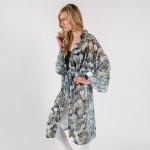 Wholesale navy blue floral printed kimono waist tie closure One fits most polyes