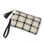 Wholesale tweed Plaid Tassel Wristlet Zipper Closure Open Lined Inside No Pocket