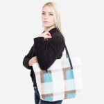 Wholesale faux Fur Plaid Print Tote Bag Faux Leather Handles Zipper Closure Open