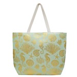 Wholesale metallic Seahorse Coral Print Canvas Tote Bag Button Closure Lined Ins