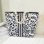 Wholesale canvas Leopard Print Striped Tote Bag Rope Handles Zipper Closure Line