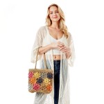 Wholesale crocheted Flower Straw Shoulder Tote Bag Zipper Closure Lined One Inte